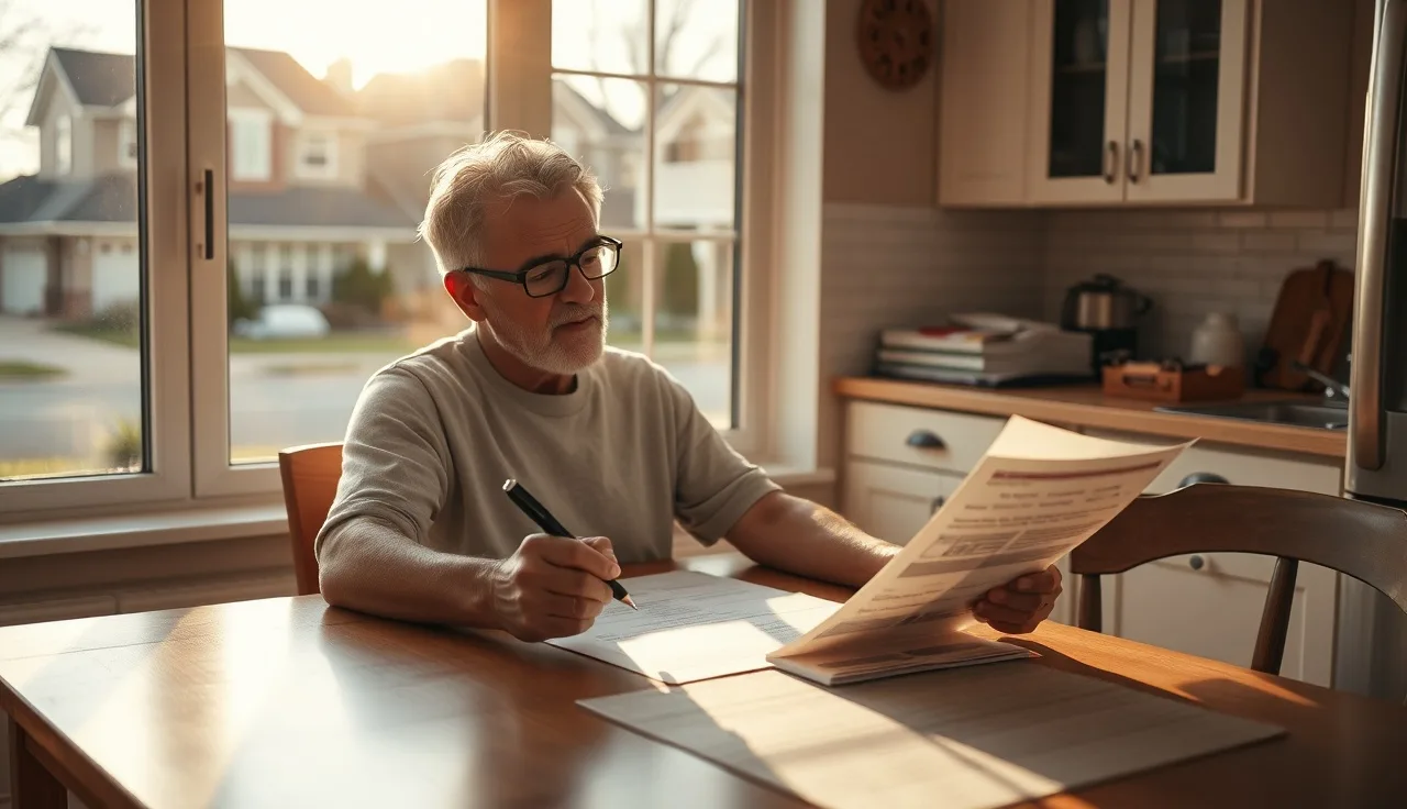 Homeowner reviewing homestead exemption paperwork at a bright kitchen table