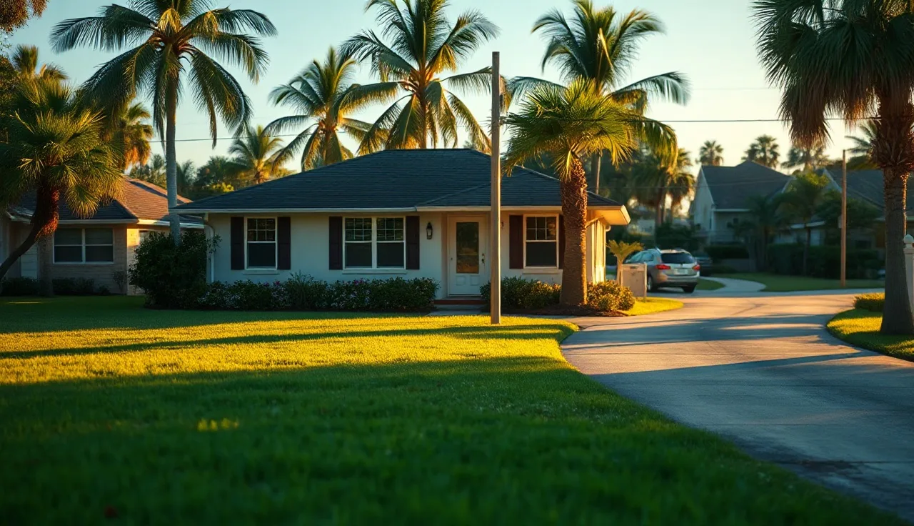 A Florida suburban home exterior at golden hour with palm trees in background