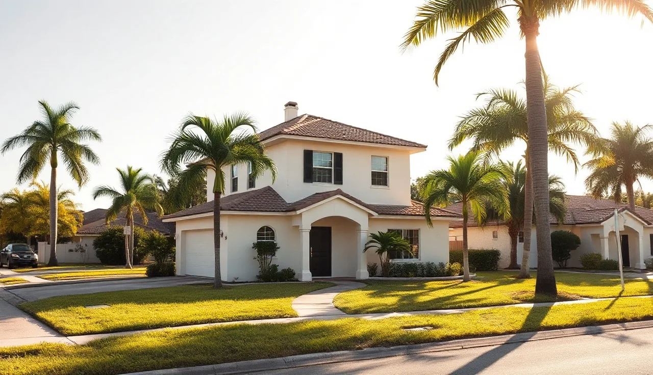 A stucco home on a palm-lined Broward County street on a sunny morning