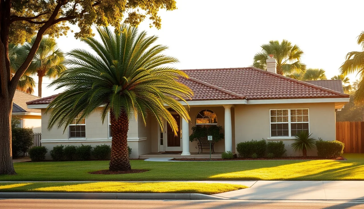 Florida ranch home with palm tree in warm afternoon light, homestead property