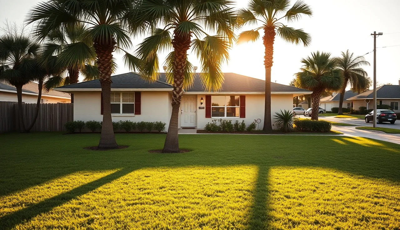 Florida ranch home with palm trees on a sunny January morning