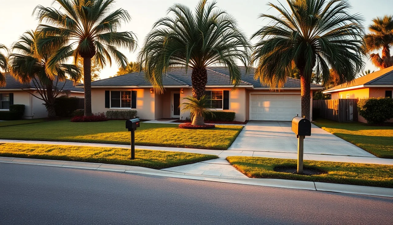 Florida ranch-style home with palm trees at golden hour on a residential street