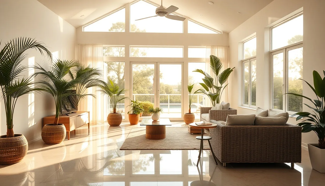 Sunlit Florida living room with wicker furniture and terrazzo floors, household goods exempt from property tax