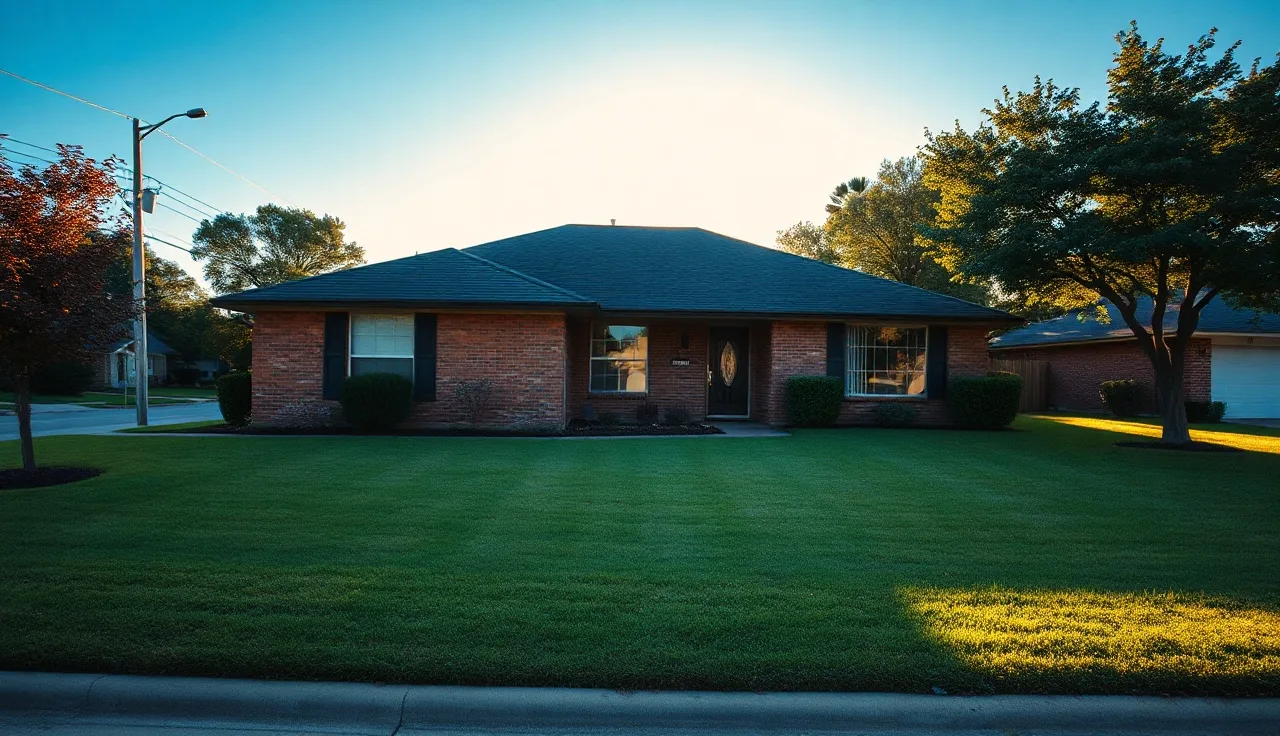 Suburban brick home in Fort Bend County Texas under afternoon sunlight