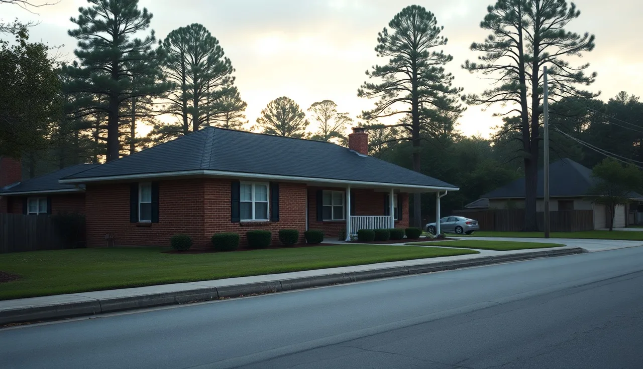 Suburban Georgia ranch home on a quiet street in morning light