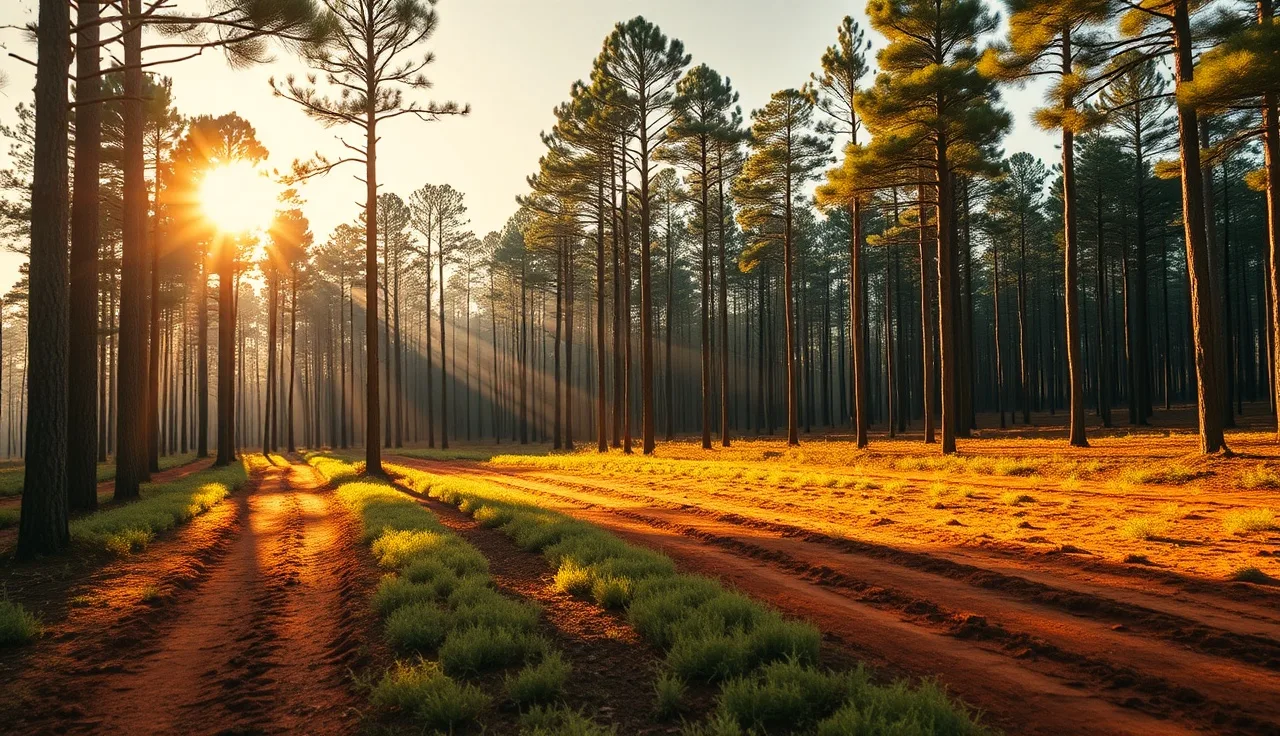 Georgia pine timber land at dawn showing rows of trees and red clay soil