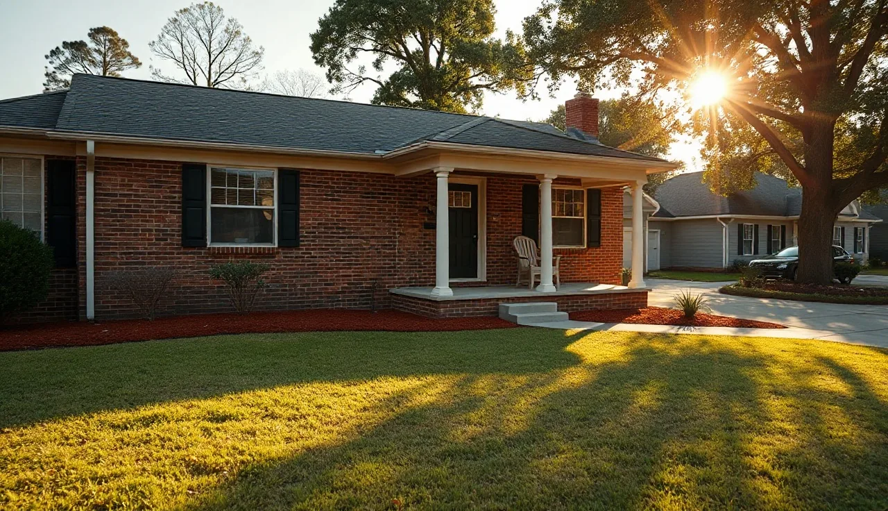 Brick ranch house with red clay garden beds under warm afternoon light, Georgia neighborhood
