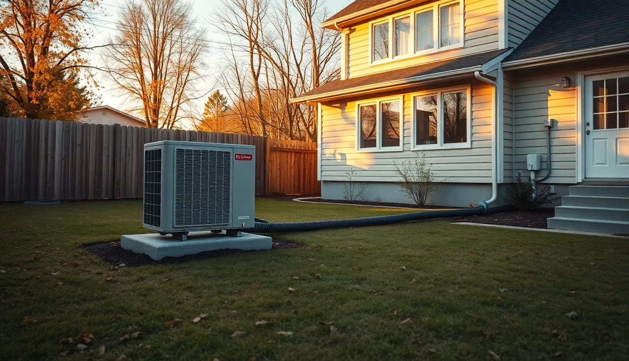 Geothermal heat pump unit installed beside a residential home in autumn light