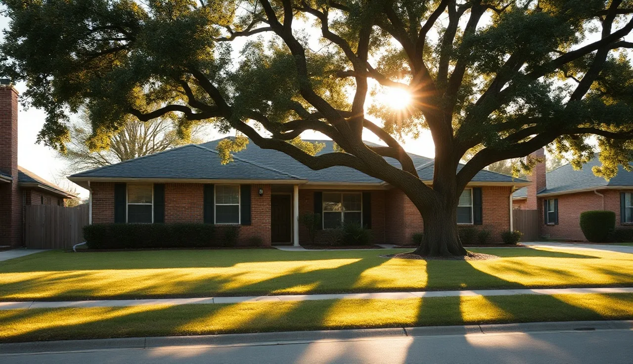 Houston suburban ranch house with oak tree in soft morning light