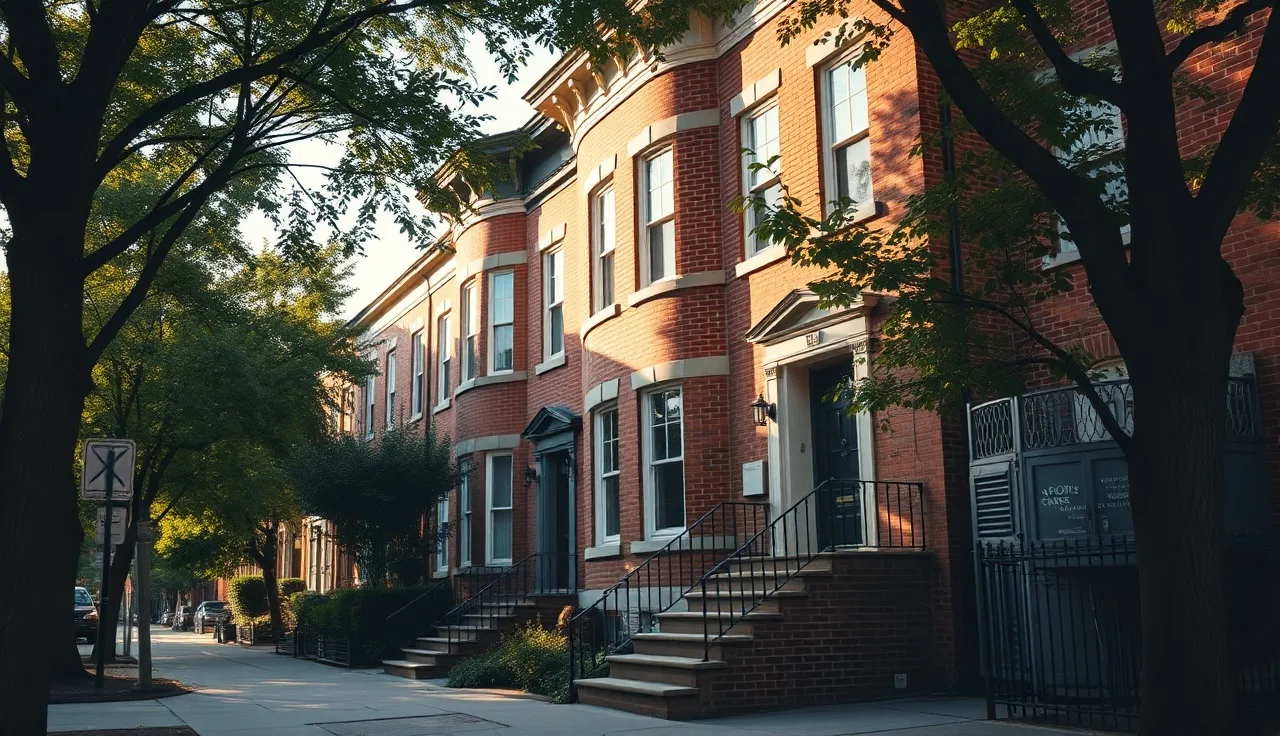 Restored Victorian brick row house on tree-lined street showing historic property exterior