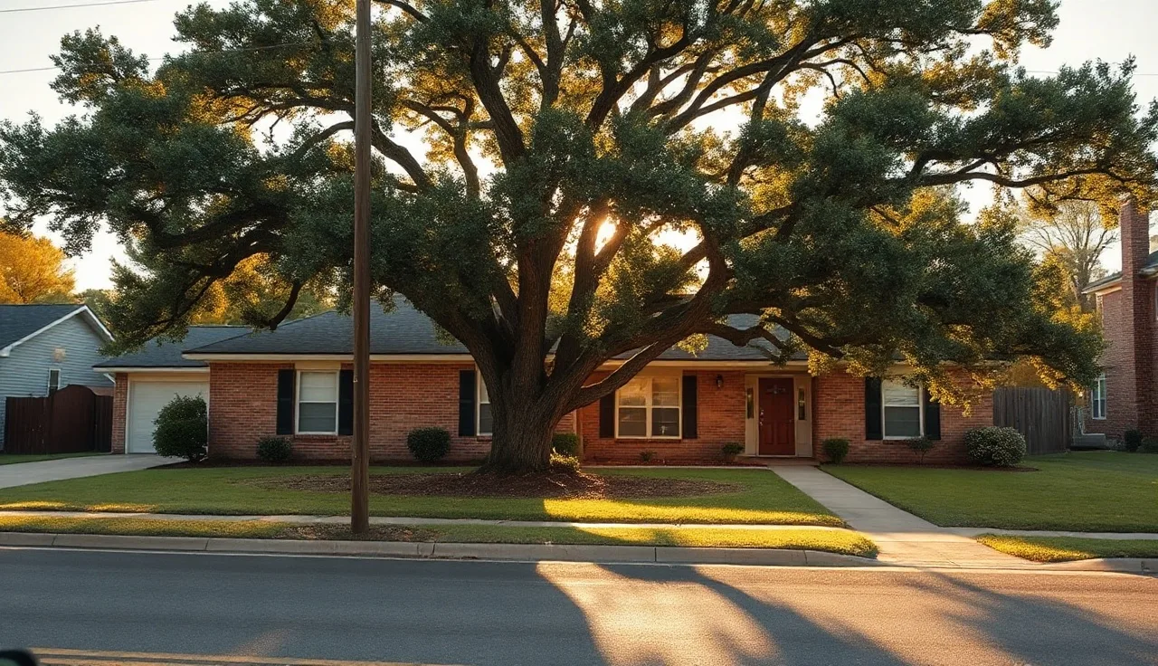 Brick ranch house with oak tree in Alabama afternoon light, homestead property