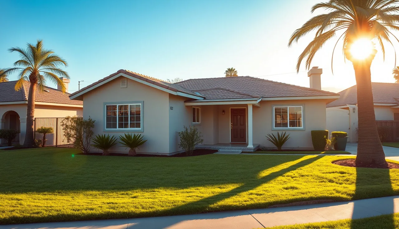 Sun-lit California bungalow with palm tree and manicured front lawn