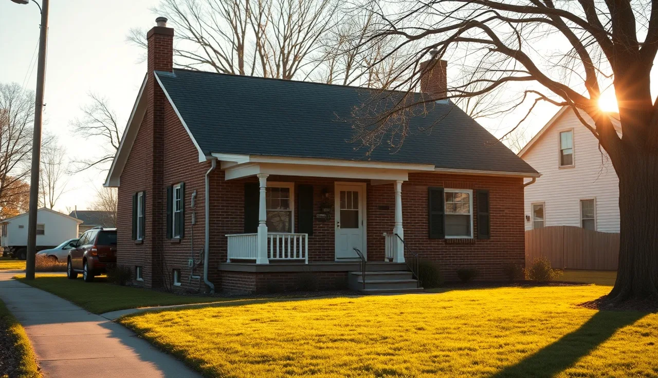 Brick ranch house on a quiet street at sunrise, representing homestead property ownership