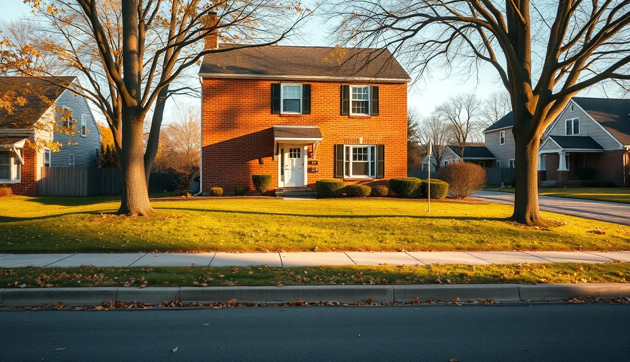Brick house with autumn leaves on lawn in residential neighborhood showing homestead property