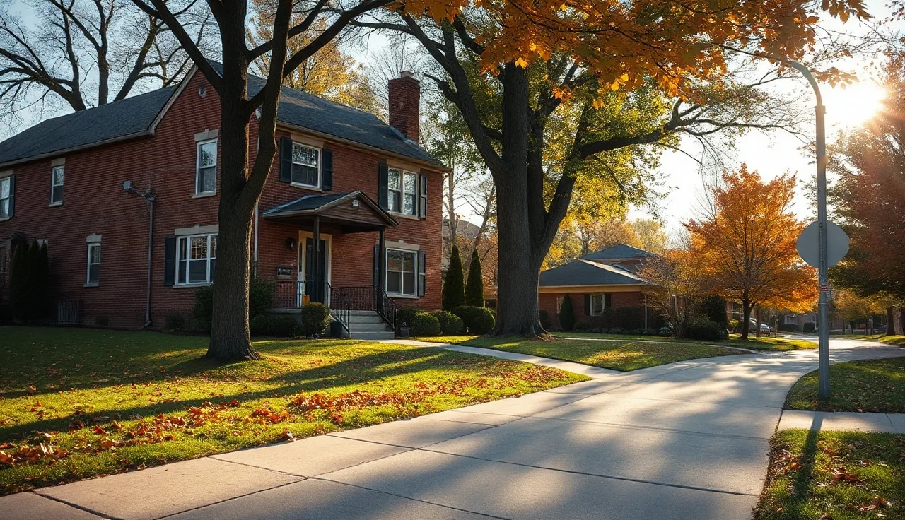 Suburban Chicago brick house with autumn leaves on the front lawn in morning light