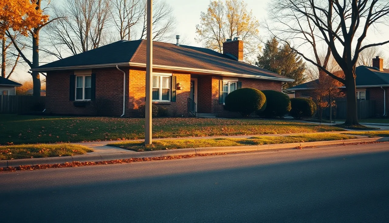Brick Indiana home on a residential street with autumn leaves and afternoon light