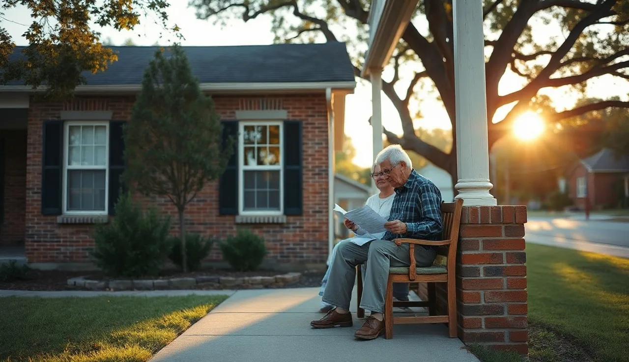 Older homeowners on a Kentucky porch reviewing property tax documents together