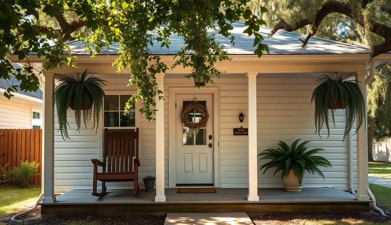 Sunlit Louisiana shotgun house porch with rocking chairs and oak tree shade