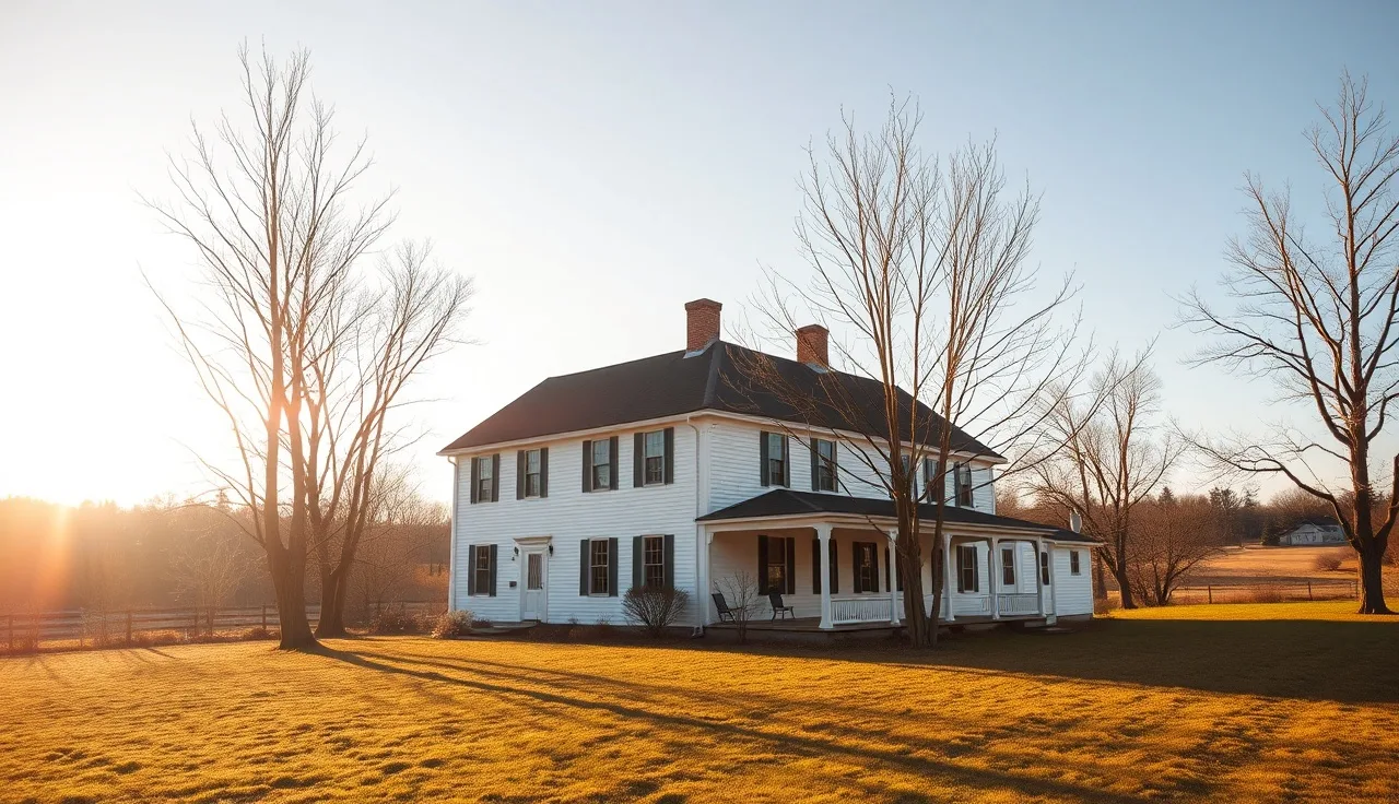 White Maine colonial farmhouse in early spring morning light with bare maple trees