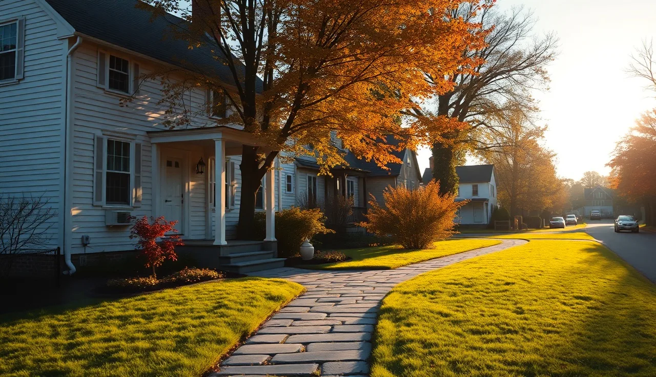 Colonial Massachusetts home with autumn leaves, representing homestead protection filing