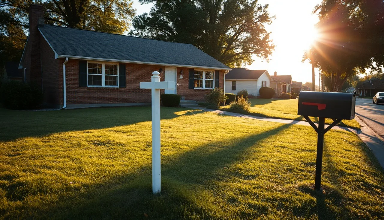 Brick ranch home with morning light on front lawn, homestead property