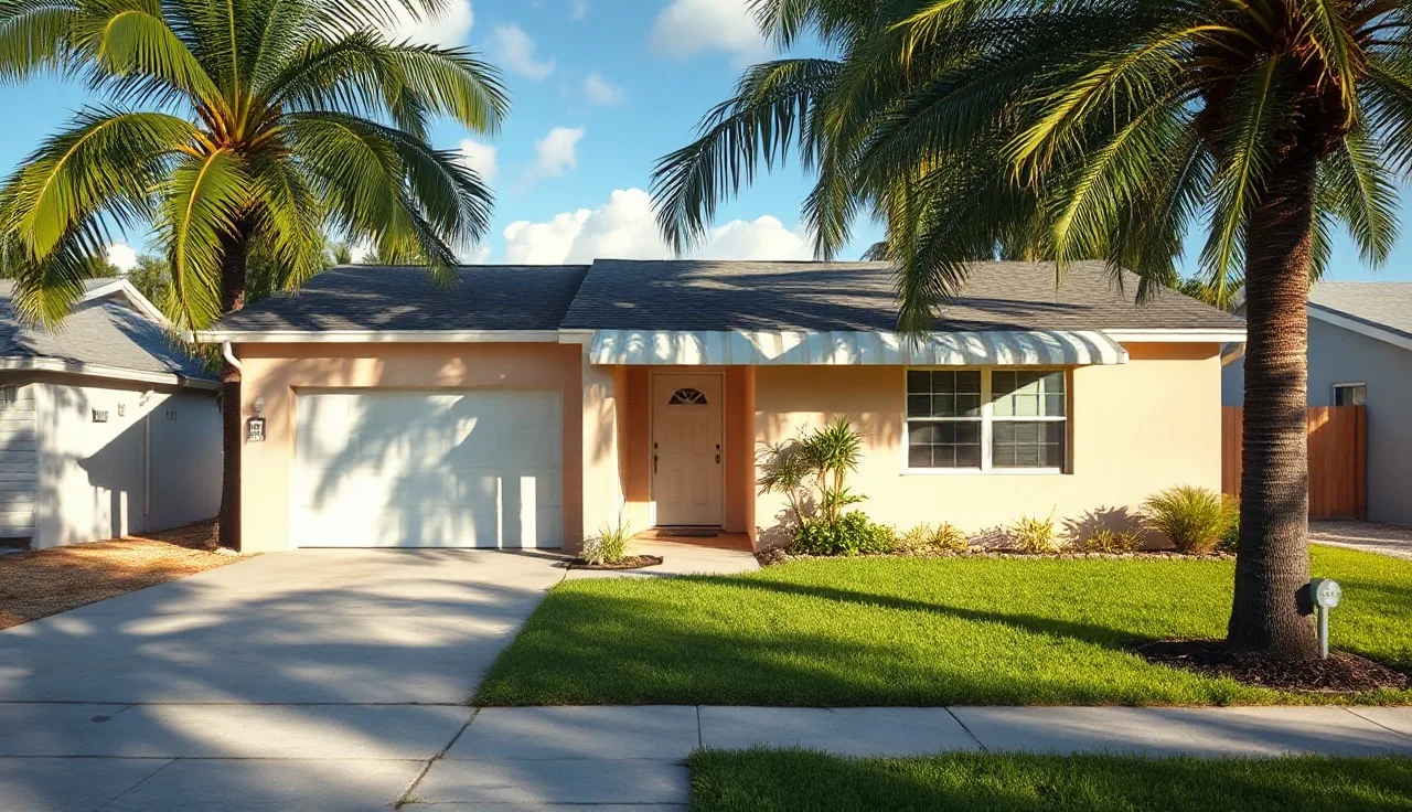 Single-story Miami home exterior with palm trees and sunlit front lawn