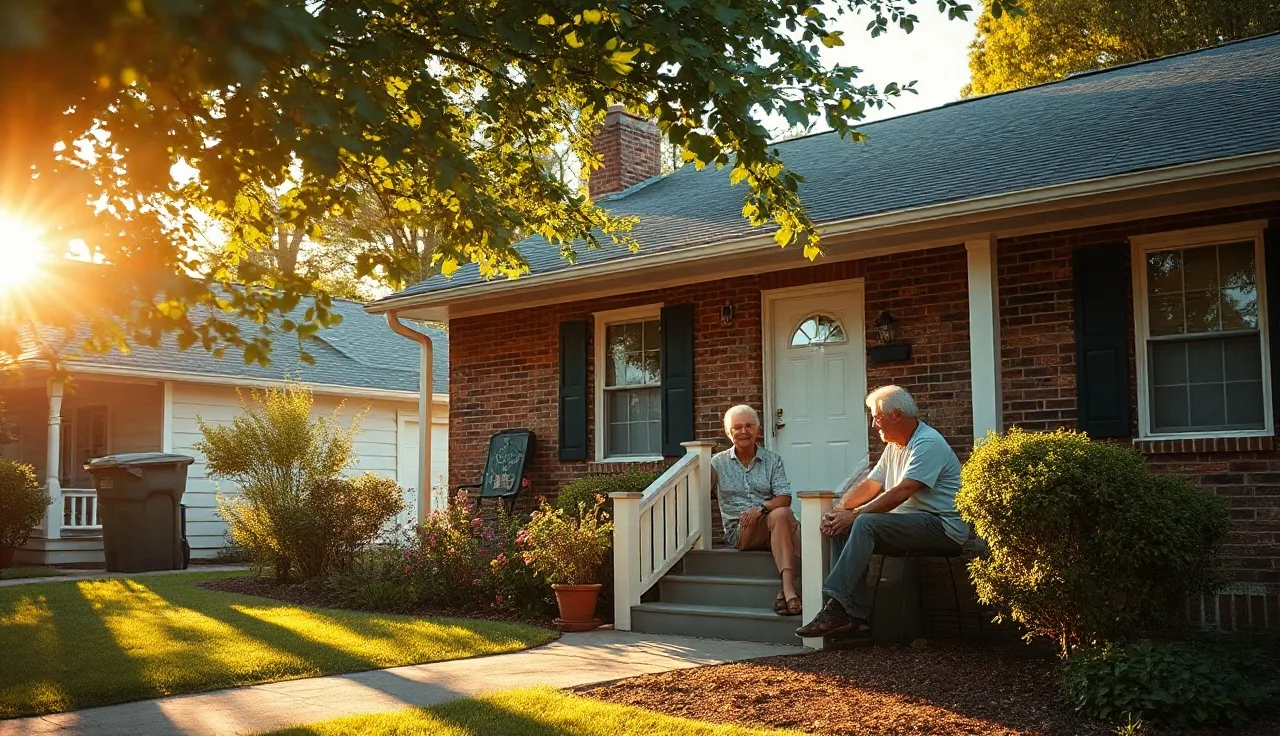 Older couple resting on porch of brick home in North Carolina neighborhood