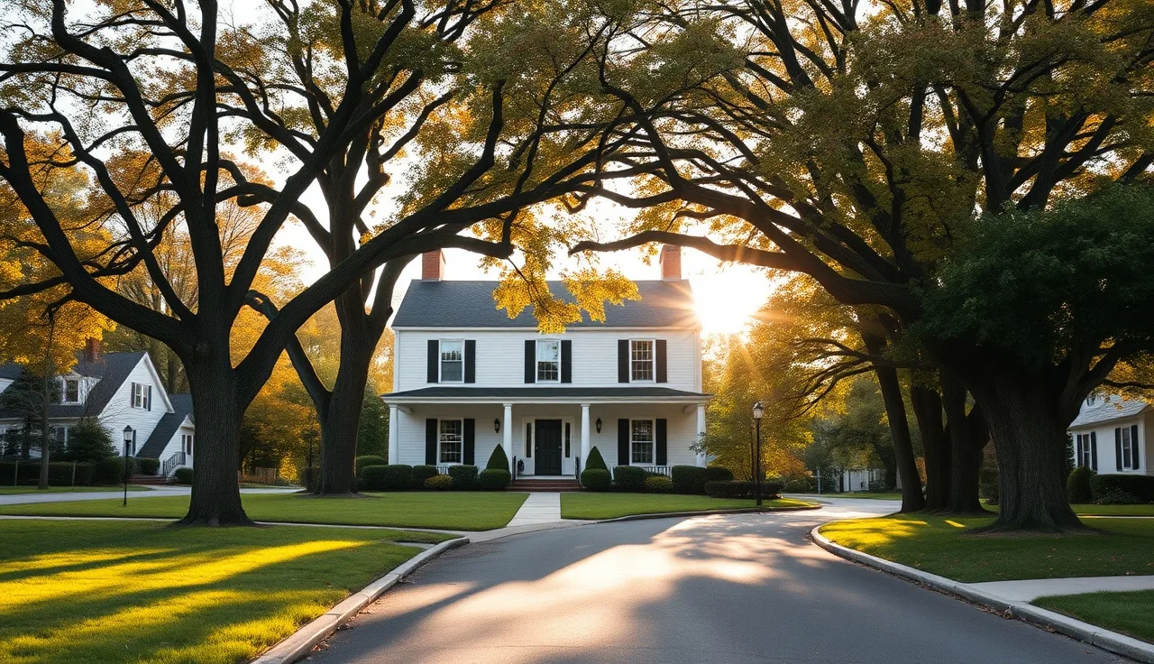 Suburban New Jersey home on a tree-lined street in early autumn morning light