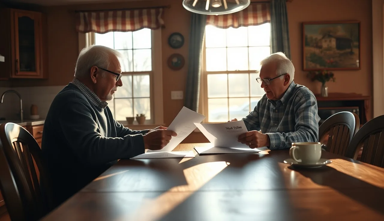Elderly couple reviewing homestead exemption paperwork at a sunlit kitchen table