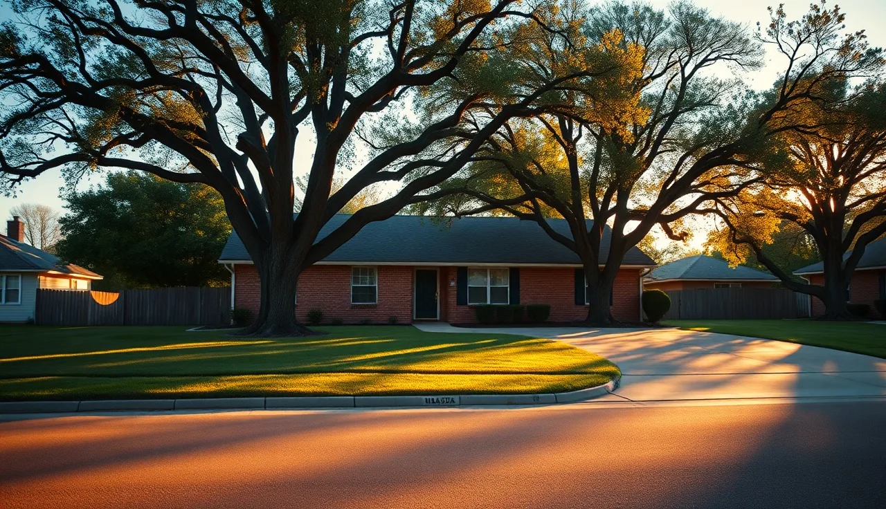 Brick ranch home on quiet Oklahoma street at golden-hour morning light