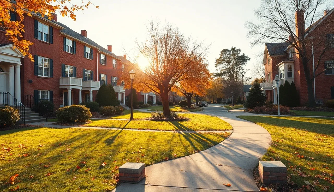 Suburban Pennsylvania brick homes on a quiet street in autumn morning light