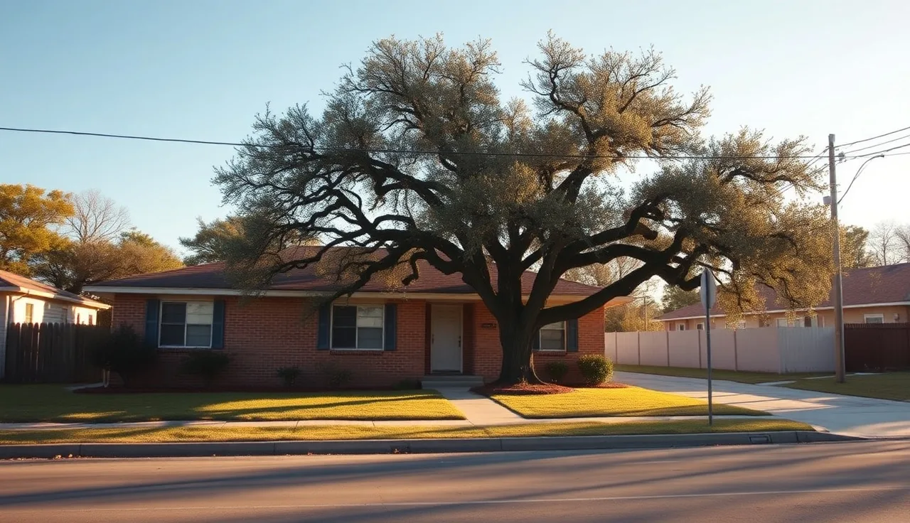 Single-story brick home with live oak shade in a San Antonio neighborhood