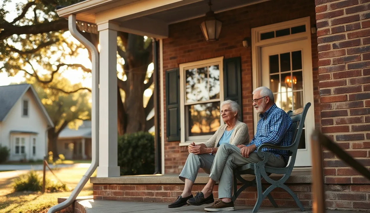 Older couple relaxing on the porch of their South Carolina home in afternoon light