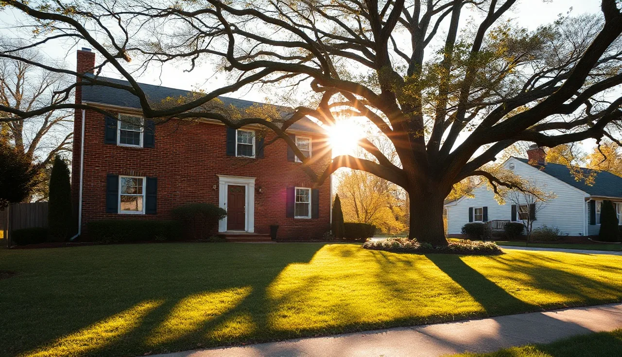 Suburban Virginia brick colonial home in morning light with oak tree shadow