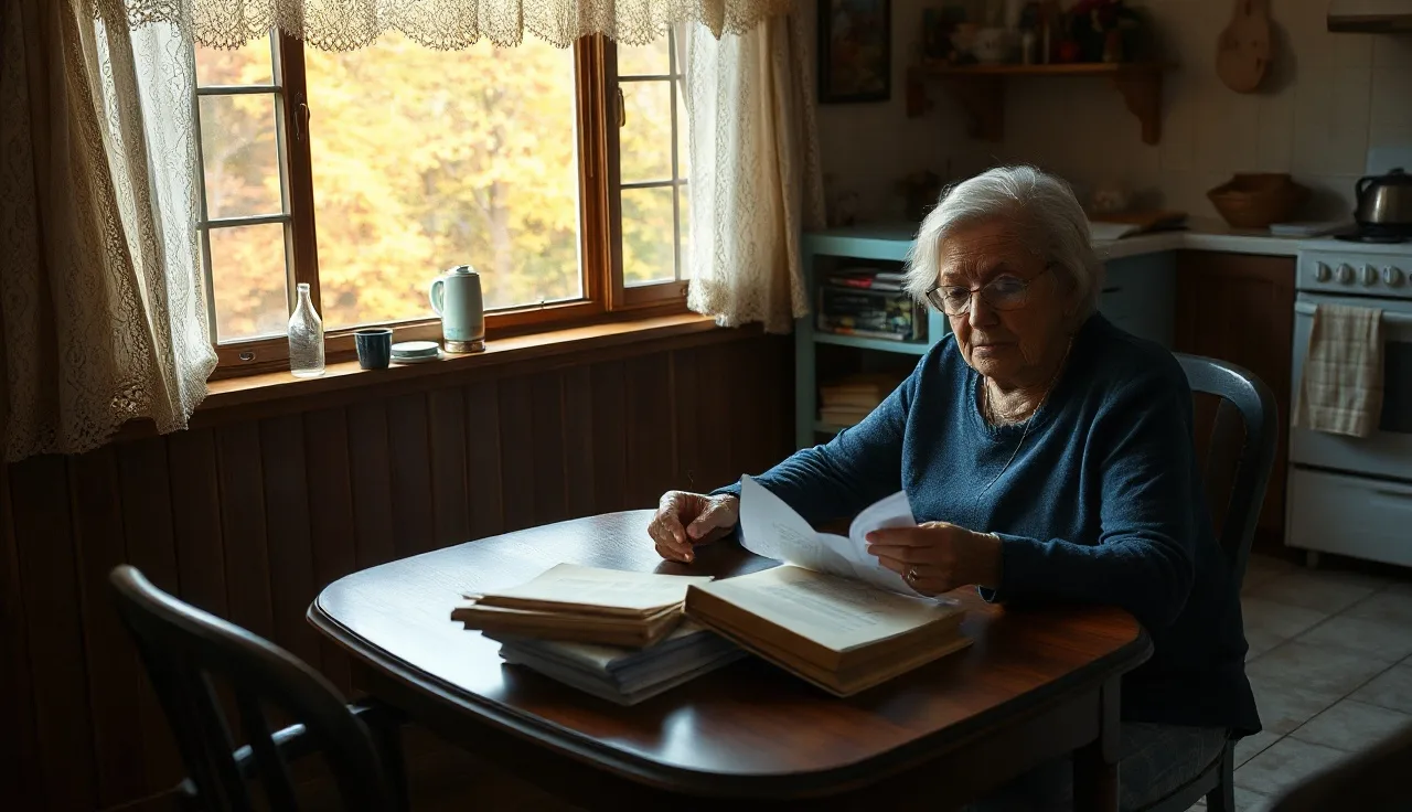 Elderly woman reviewing homestead exemption paperwork at a West Virginia kitchen table