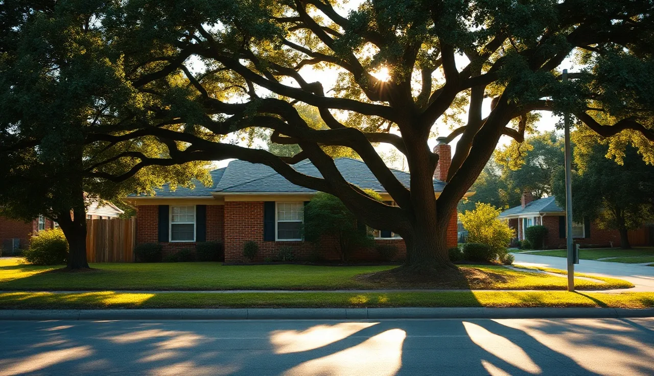 Brick house on a sunny residential street with homestead property tax exemption context