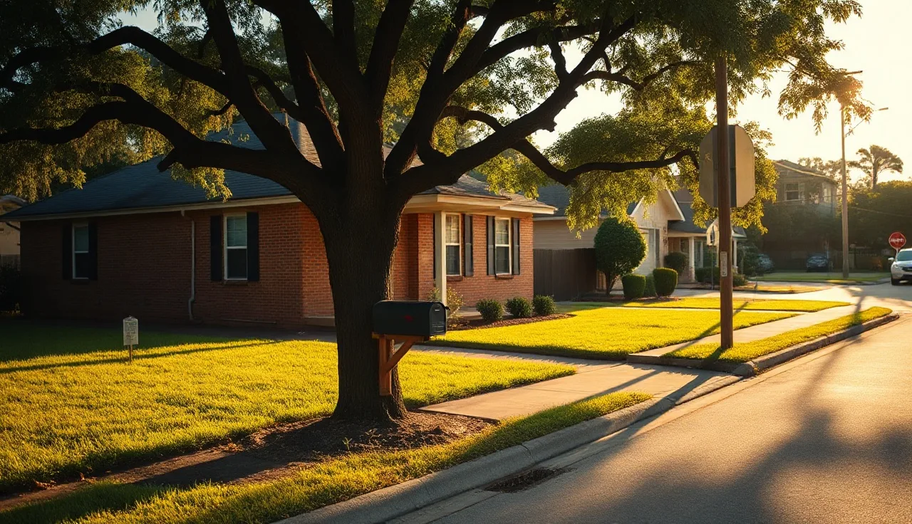Brick bungalow on a Houston residential street in afternoon light with live oak