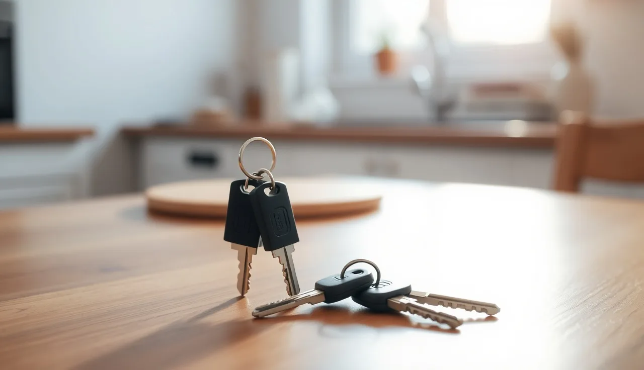 Two sets of house keys on a wooden table after a divorce property transfer