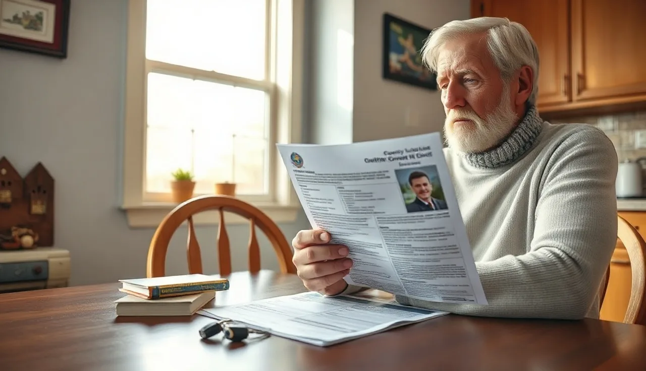 Homeowner reviewing homestead exemption paperwork at kitchen table with house keys