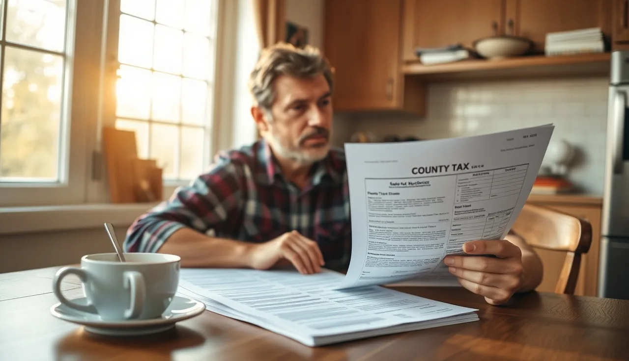 Homeowner reviewing property tax documents at kitchen table in morning light
