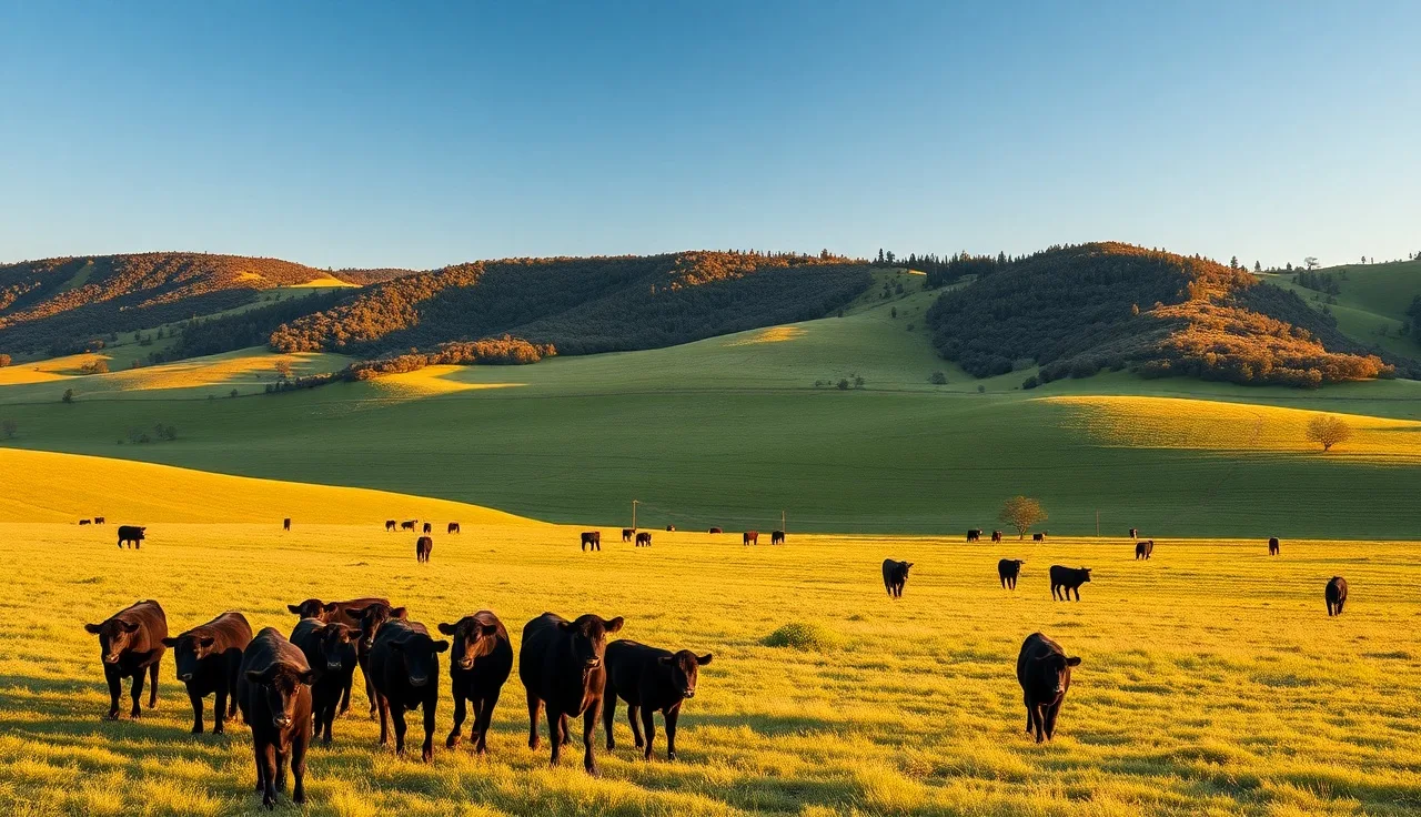 Cattle grazing on a large agricultural lot at golden hour, Texas Hill Country