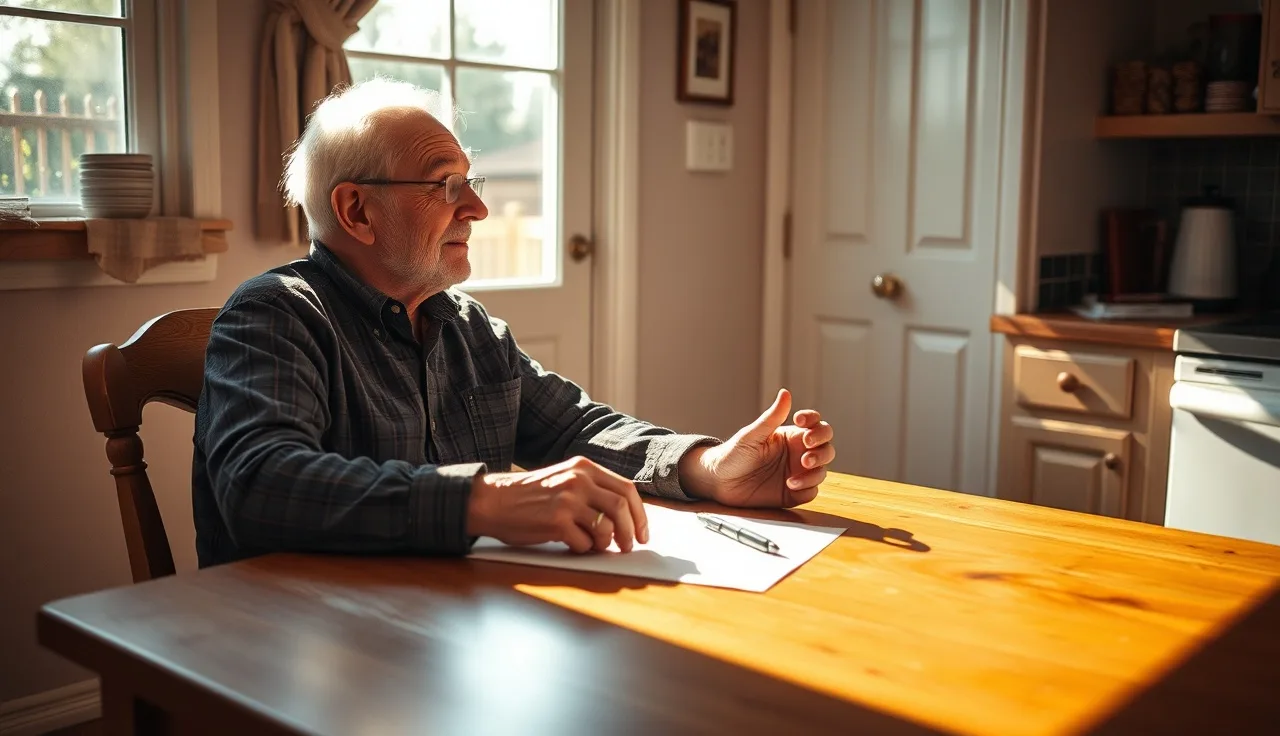 Homeowner at kitchen table preparing disability property tax exemption documents