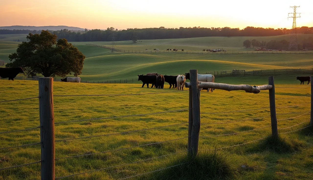 Cattle grazing on a rural green pasture at golden hour with wooden fence