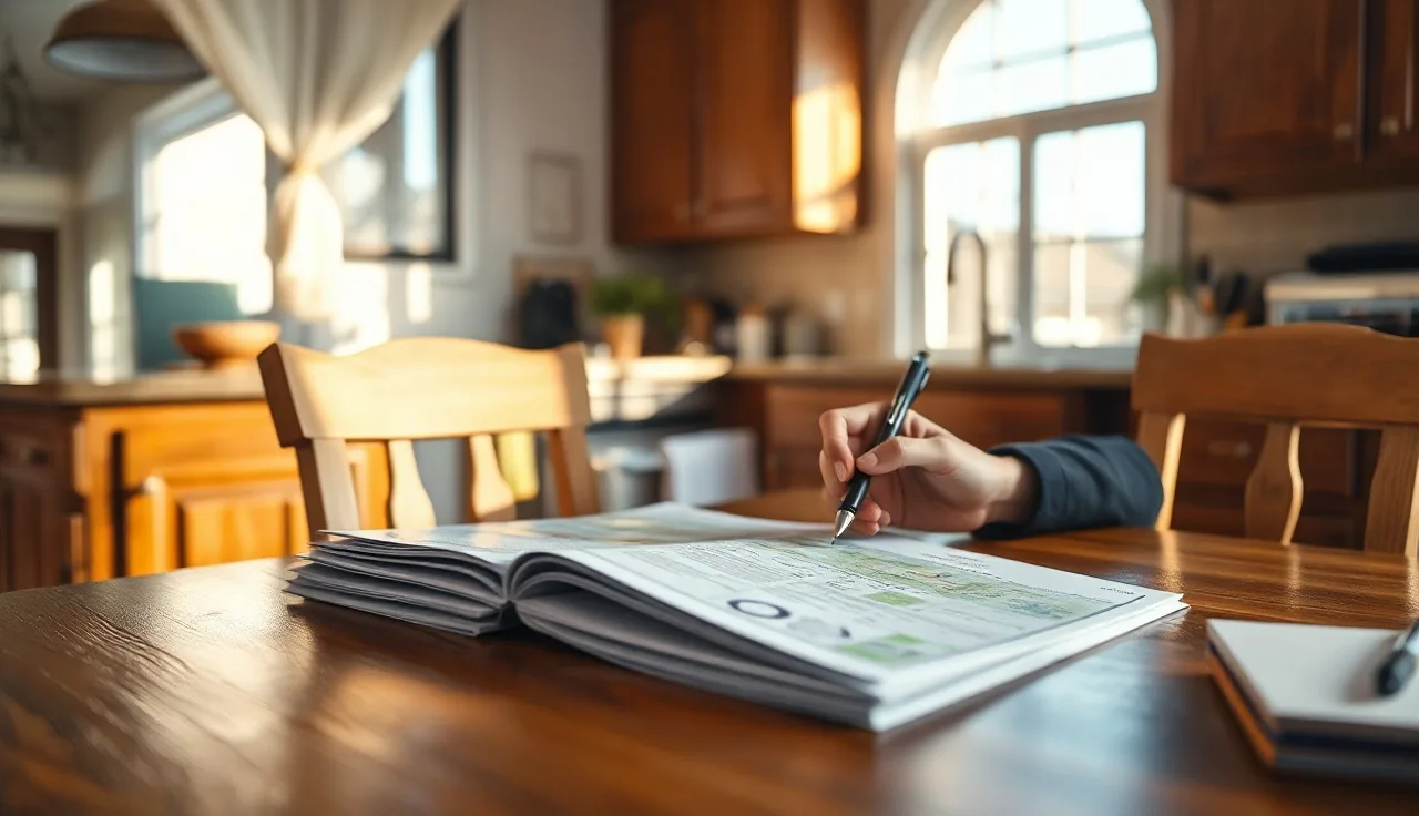 Homeowner reviewing property tax exemption paperwork at a kitchen table in morning light