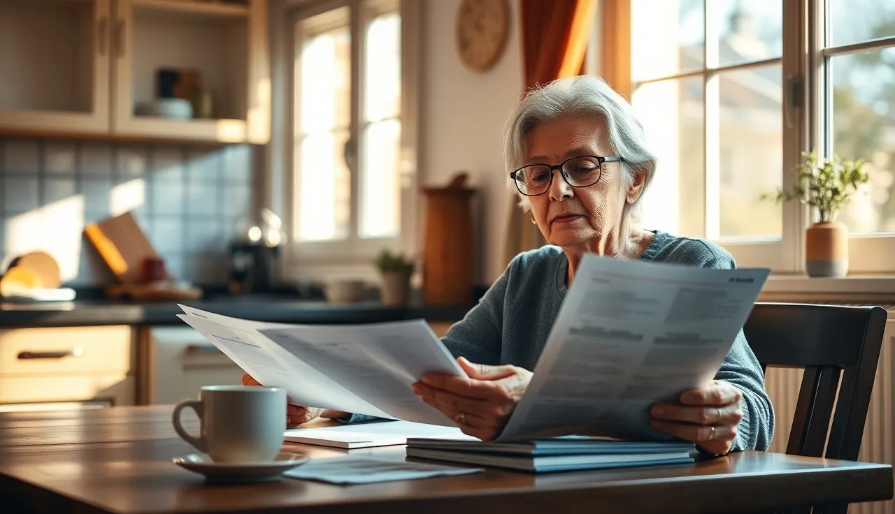 Senior woman reviewing property tax documents at a kitchen table in morning light