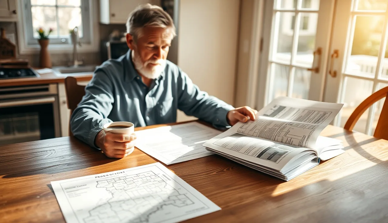 Homeowner reviewing property tax exemption records at kitchen table in morning light