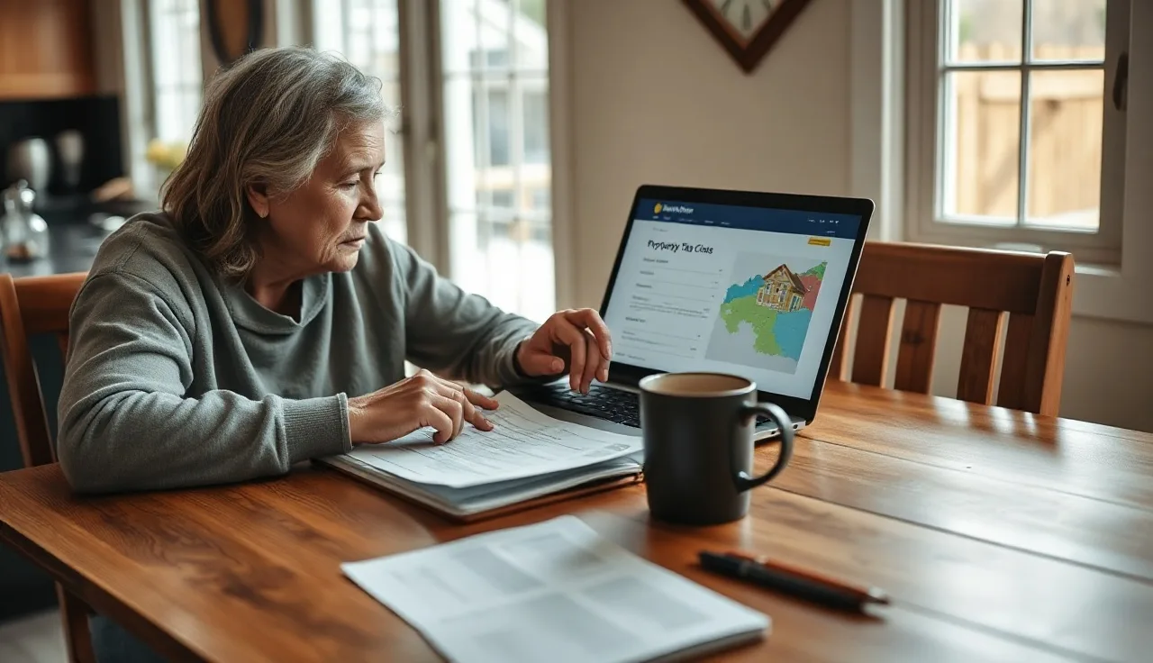 Homeowner reviewing property tax documents at kitchen table to check homestead exemption status