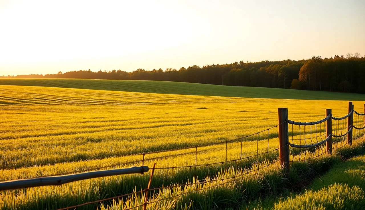Rolling farm field with wooden fence at golden hour, conservation land