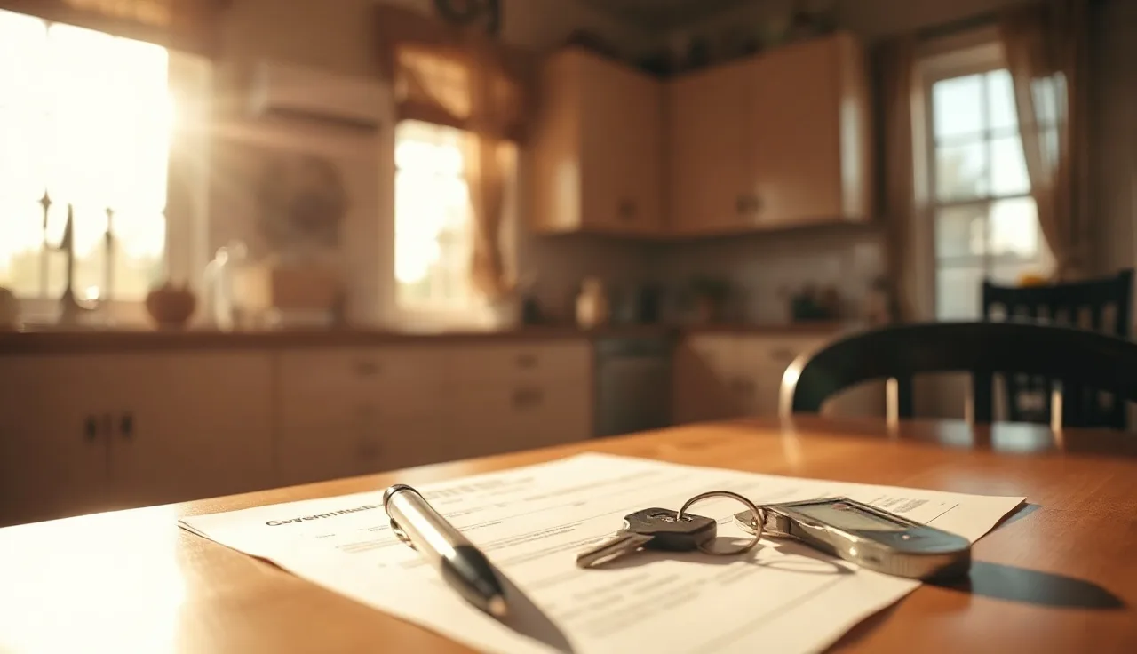 Texas home kitchen table with pen, keys, and ID for homestead exemption filing