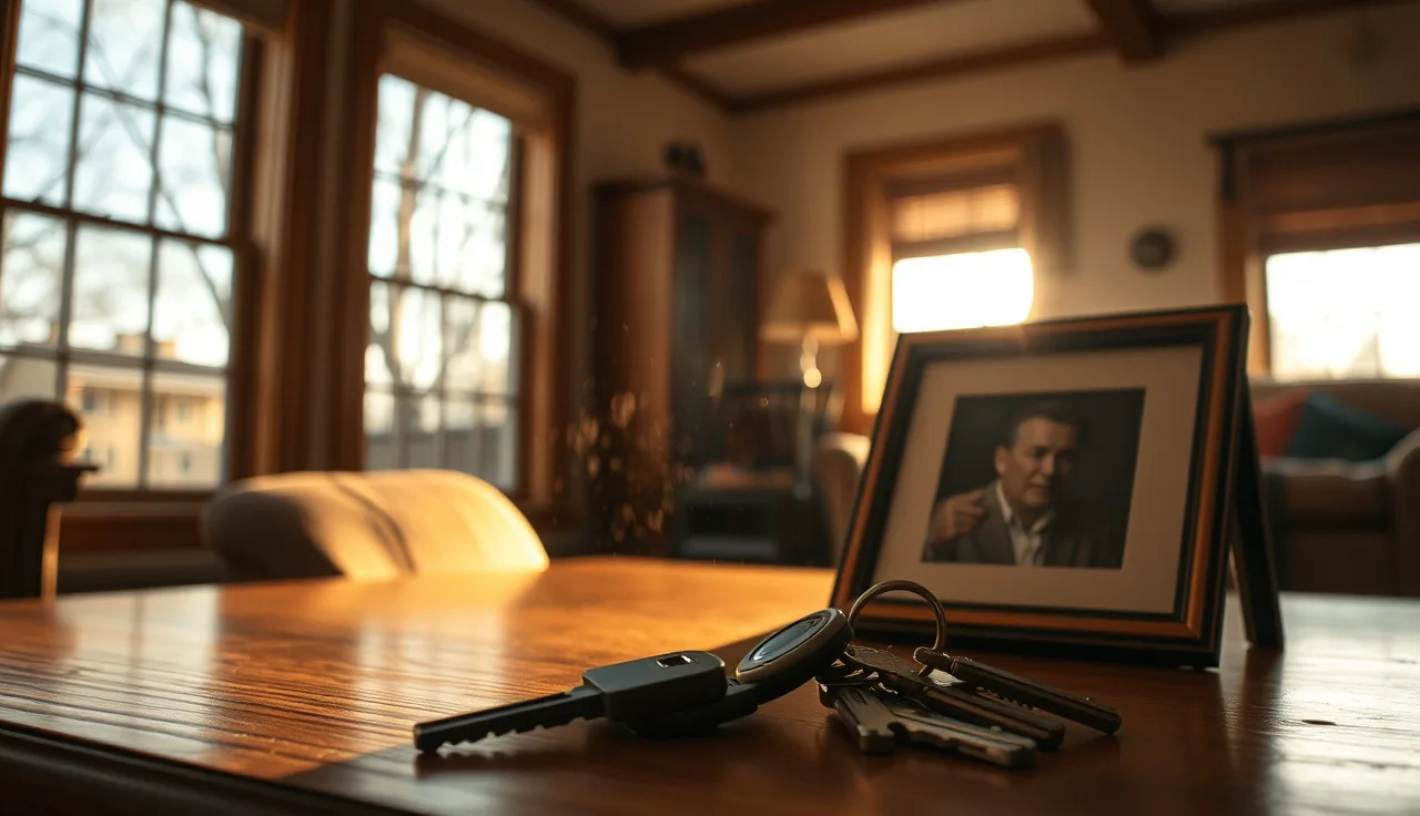 Keys on a wooden table inside an inherited craftsman home in afternoon light